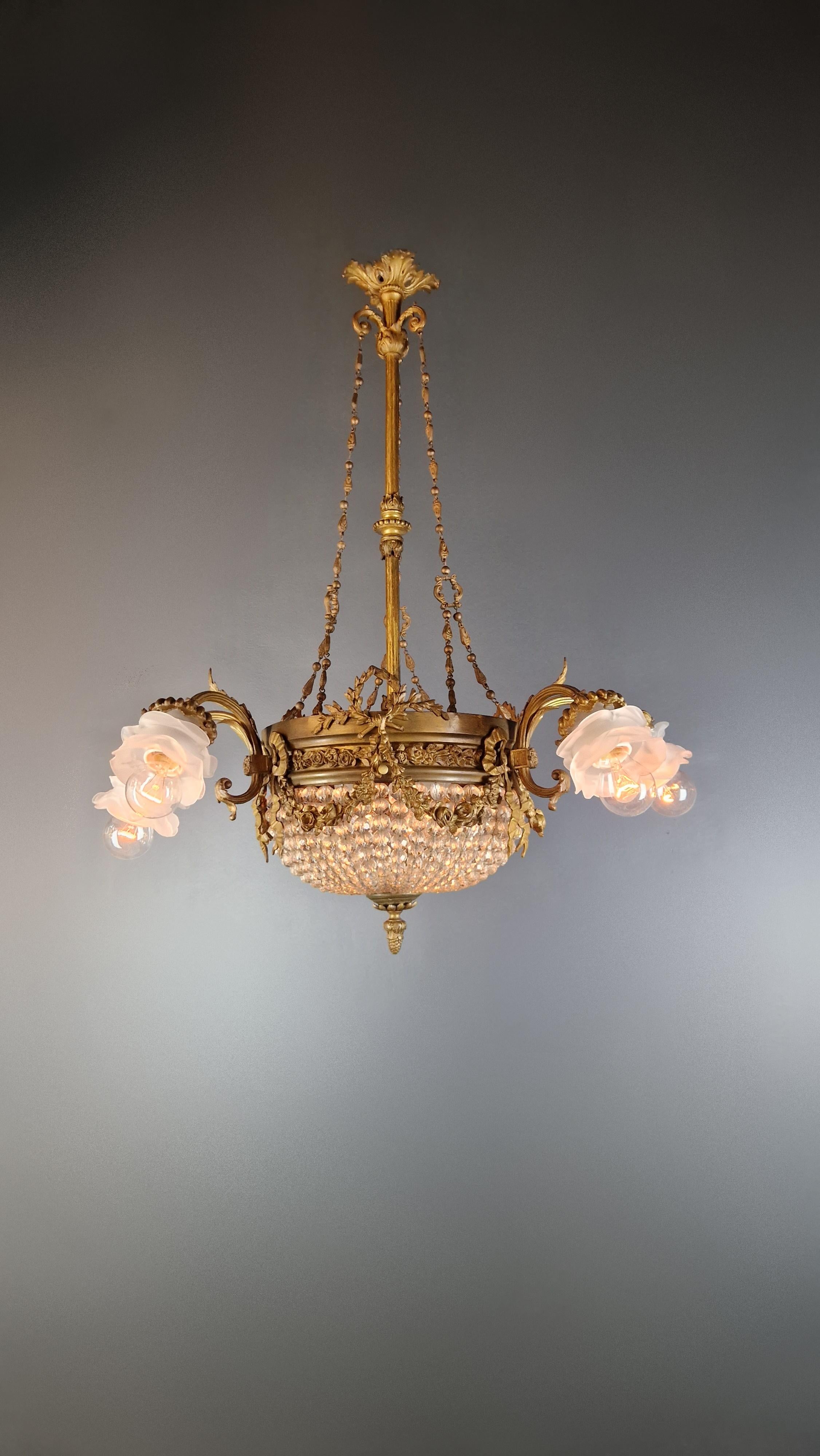 Italian Wilhelminian style beads crystal chandelier flowers glass antique brass For Sale