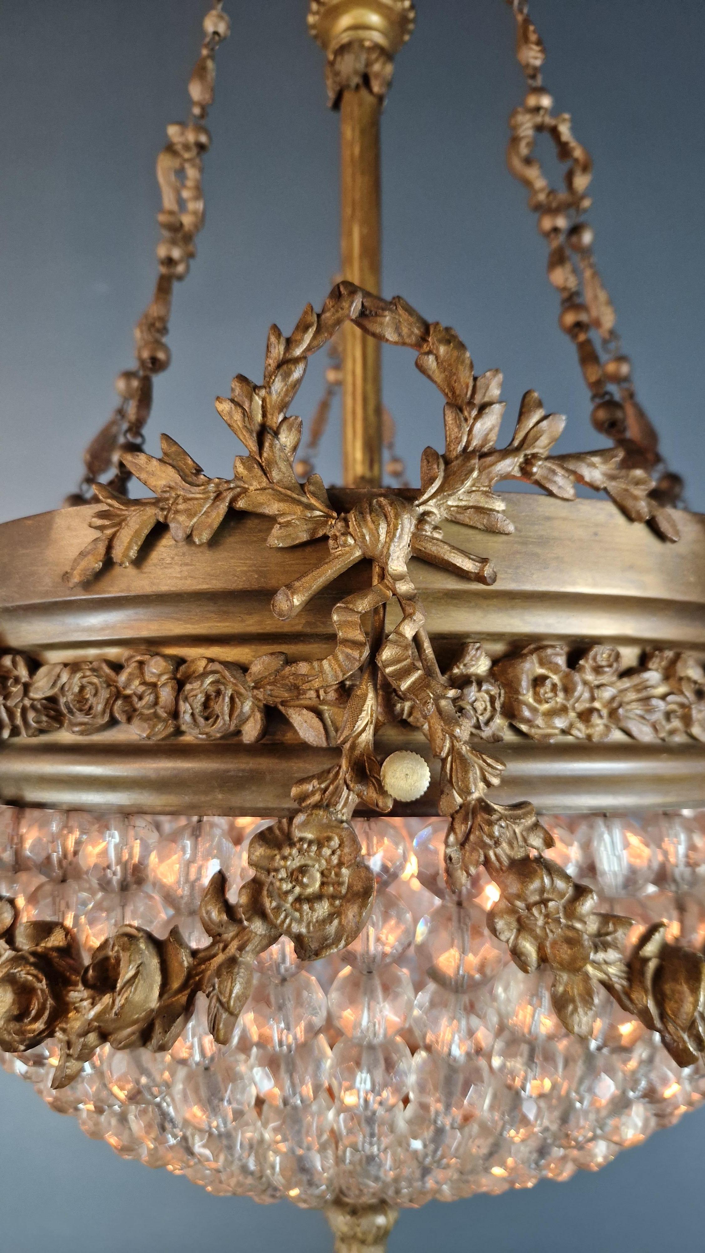 Brass Wilhelminian style beads crystal chandelier flowers glass antique brass For Sale