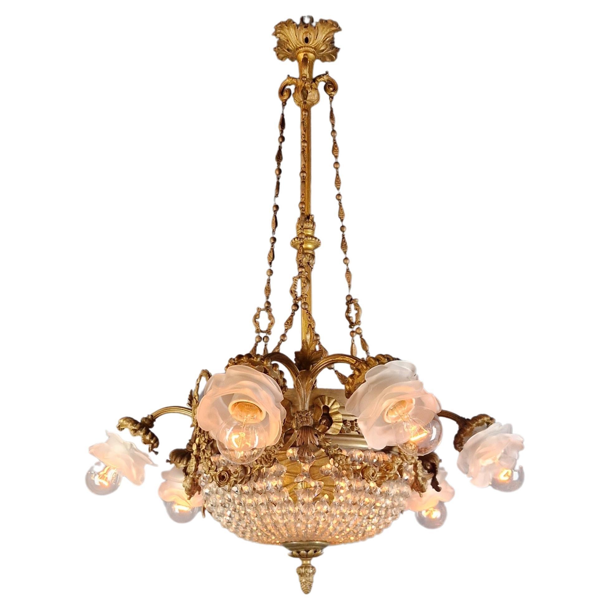 Wilhelminian style beads crystal chandelier flowers glass antique brass For Sale
