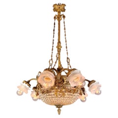 Perlen-Kristall-Kronleuchter im Wilhelminianischen Stil Blumenglas Antik Messing