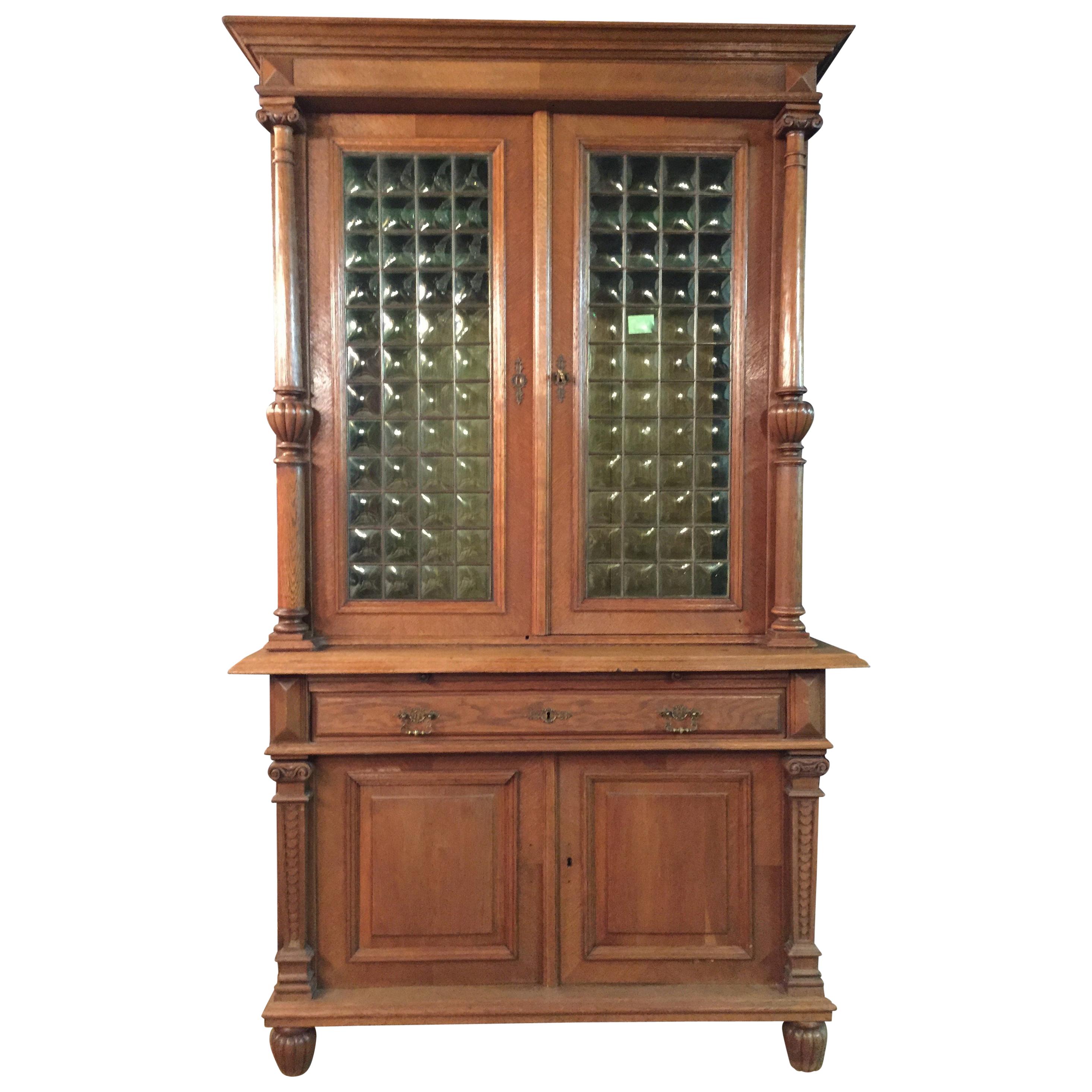Wilhelminian antique Style Cupboard with Small Green Glass, circa 1880 oak For Sale