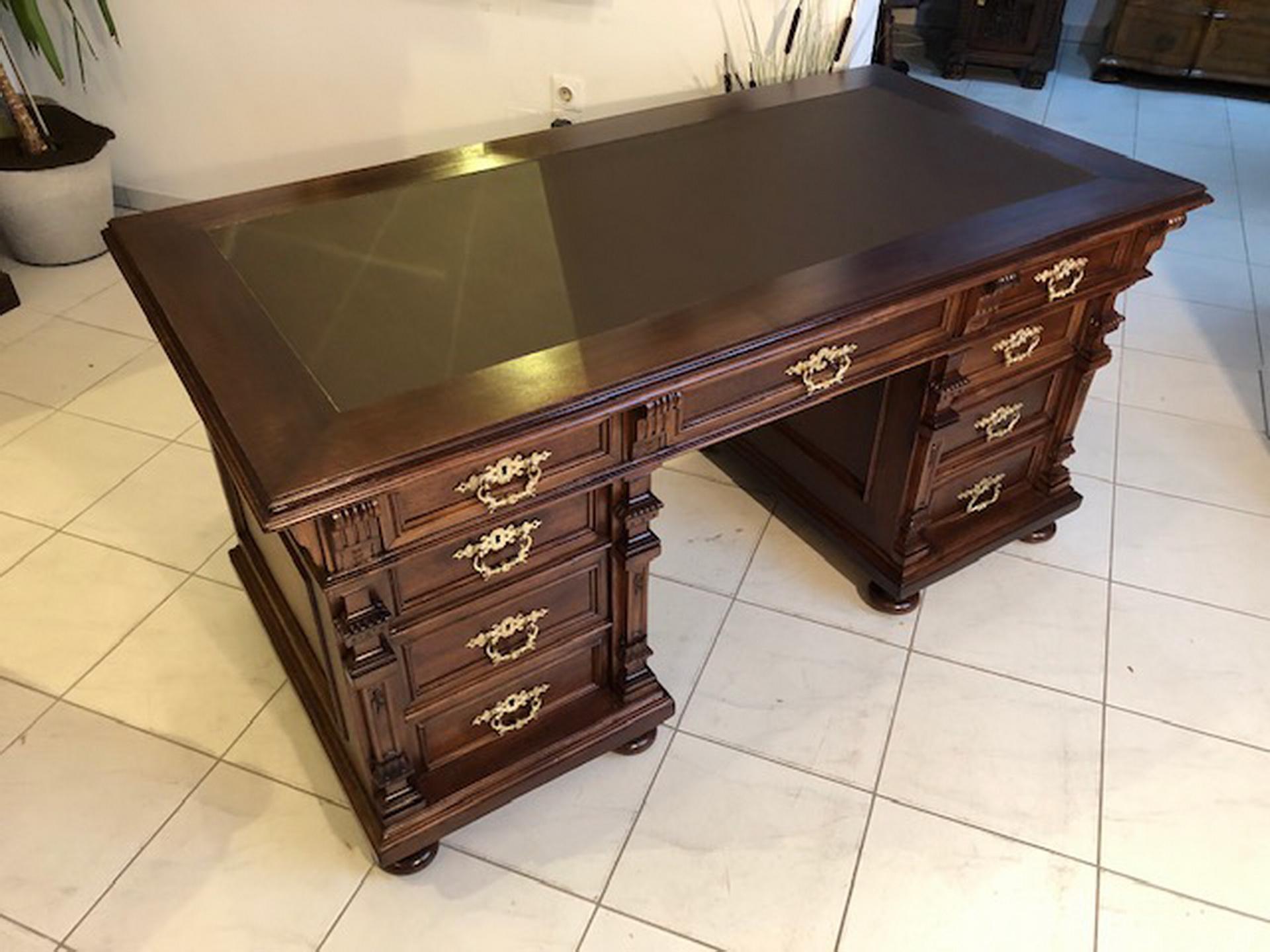 This is a handsome, recently restored, Wilhelminian-style secretary, made, circa 1885.The stunning writing table is an eye-catcher in your study or office, featuring nine lockable drawers. The desk is in a very good original, shellac polished