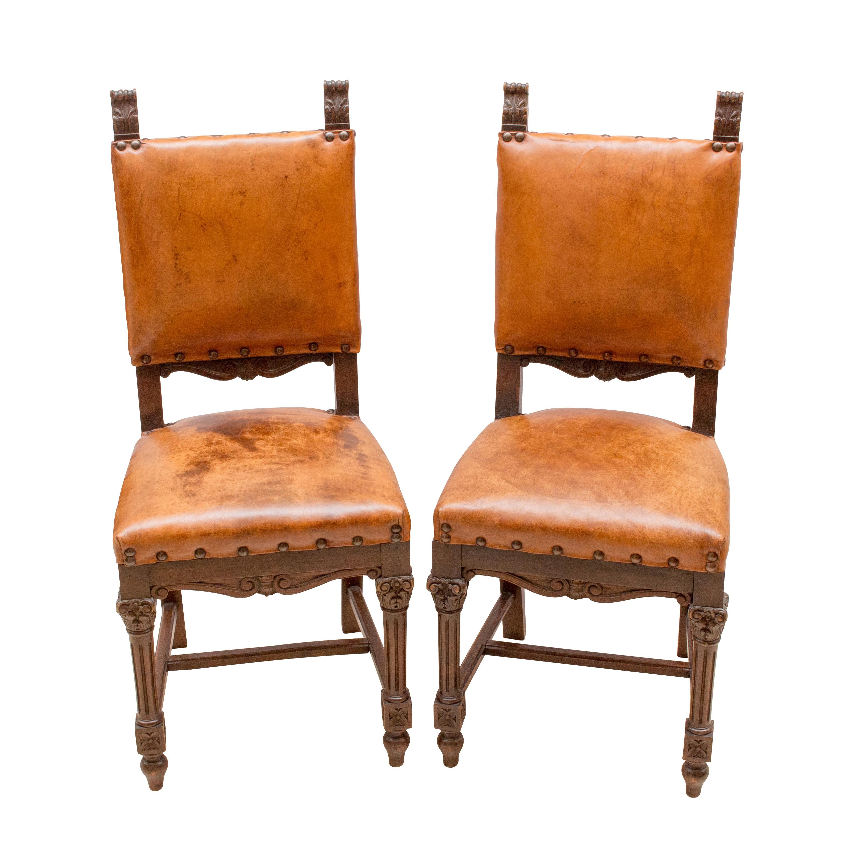 Wilhelminian Walnut Leather Chairs, a Set of Two