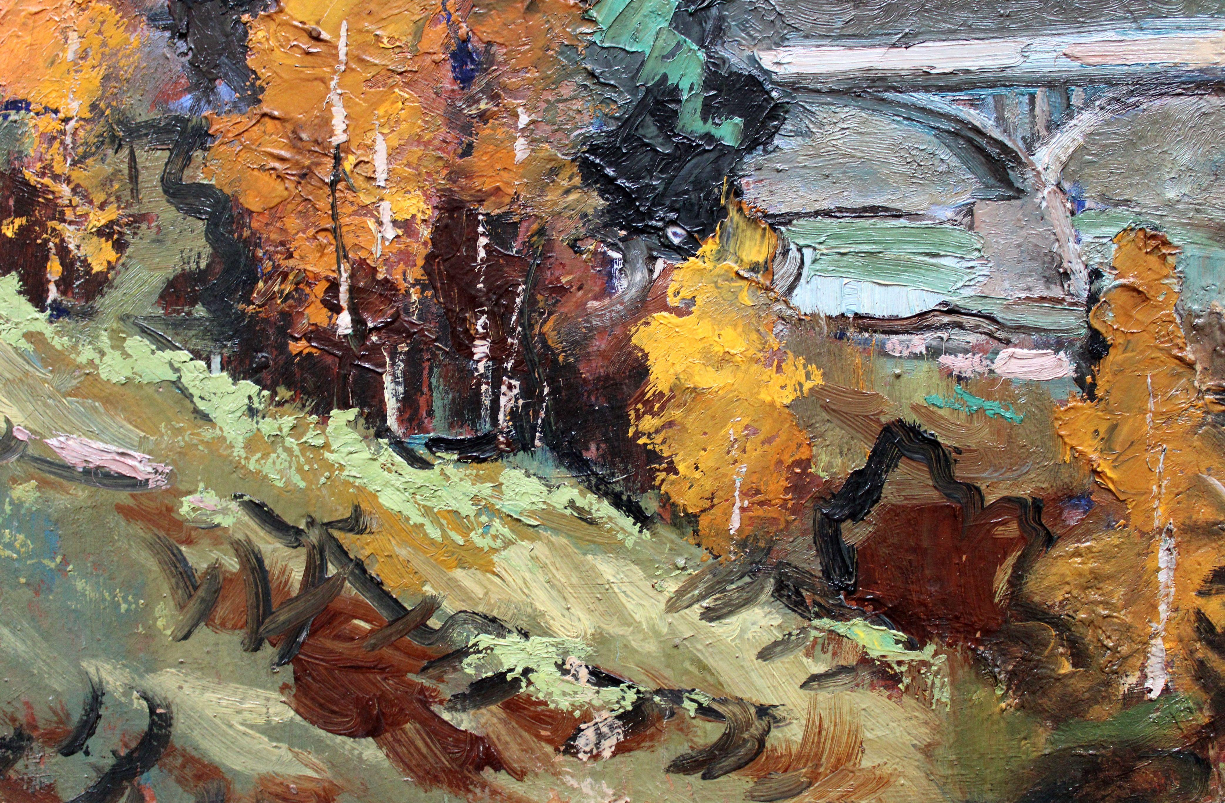 Bridge in autumn. 1964. Oil on cardboard, 61x78 cm - Painting by Wilhelms Girupnieks