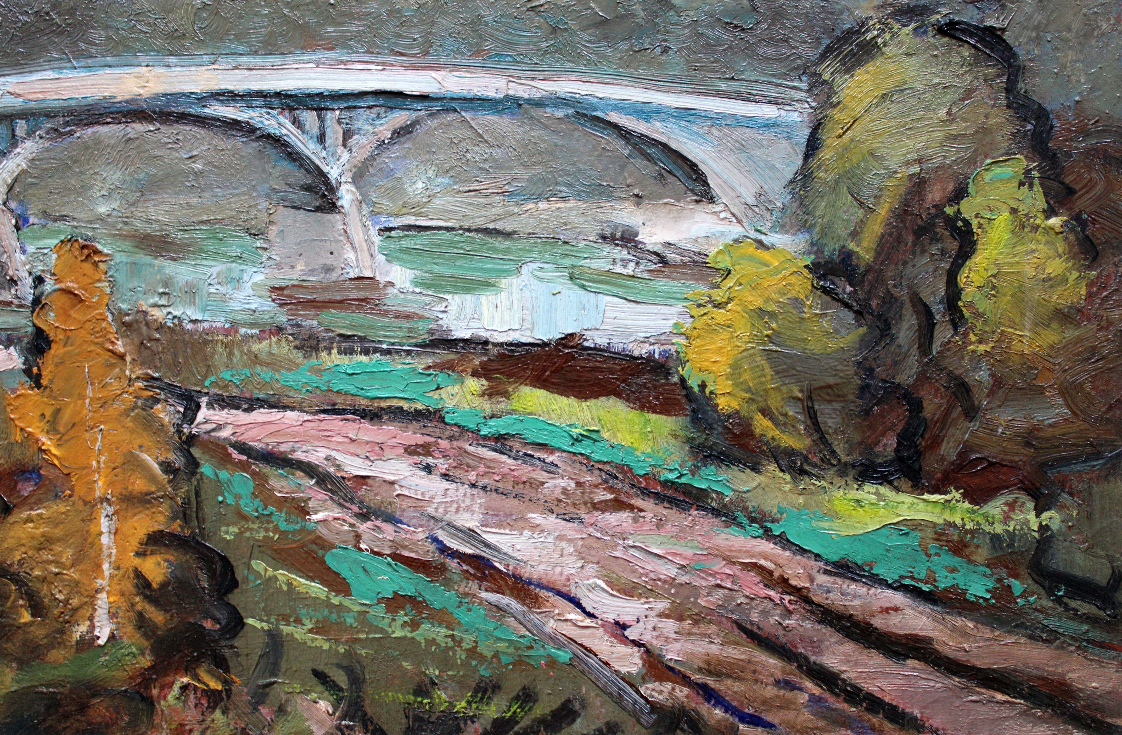 Bridge in autumn. 1964. Oil on cardboard, 61x78 cm - Realist Painting by Wilhelms Girupnieks