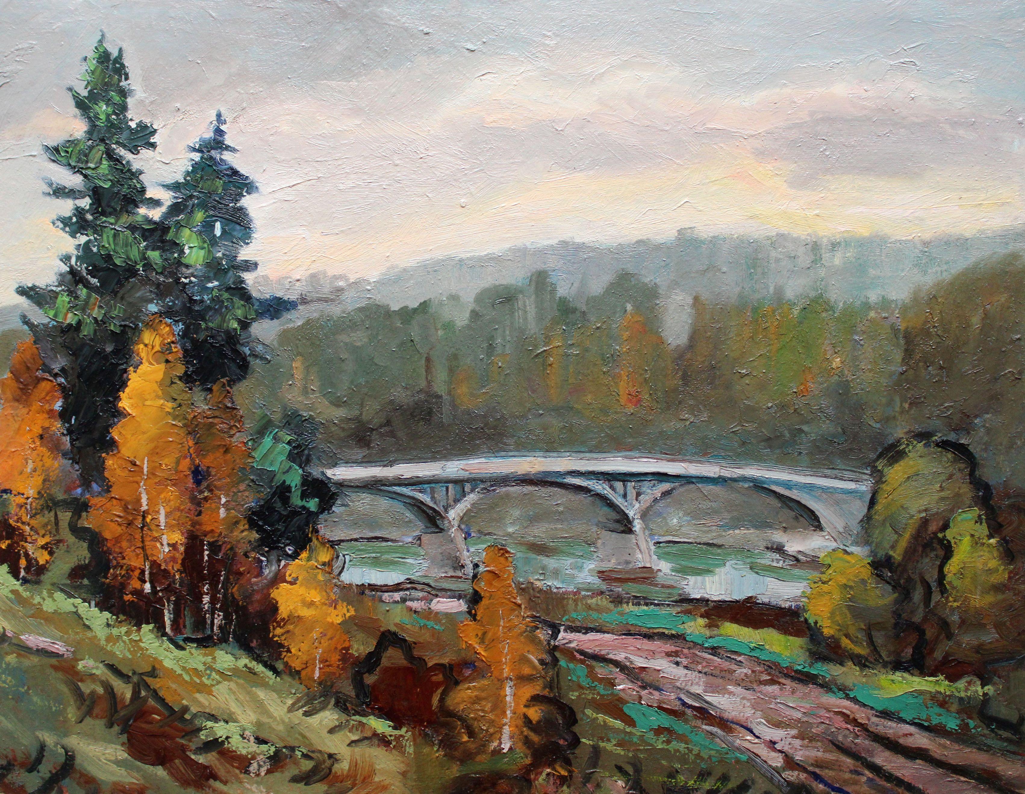 Wilhelms Girupnieks Landscape Painting – Bridge im Herbst. 1964. Öl auf Karton, 61x78 cm, Öl