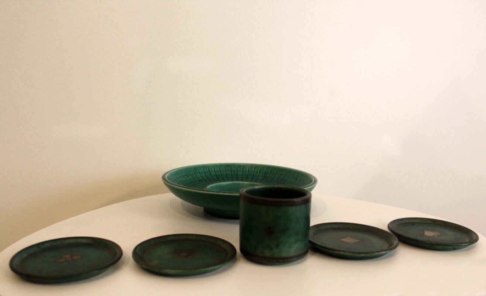 For your consideration is this 6pc set of Wilhem Kage for Gustavsberg Art Deco Emerald Green Silver inlay ceramics. Dimensions: Bowl: 7.5