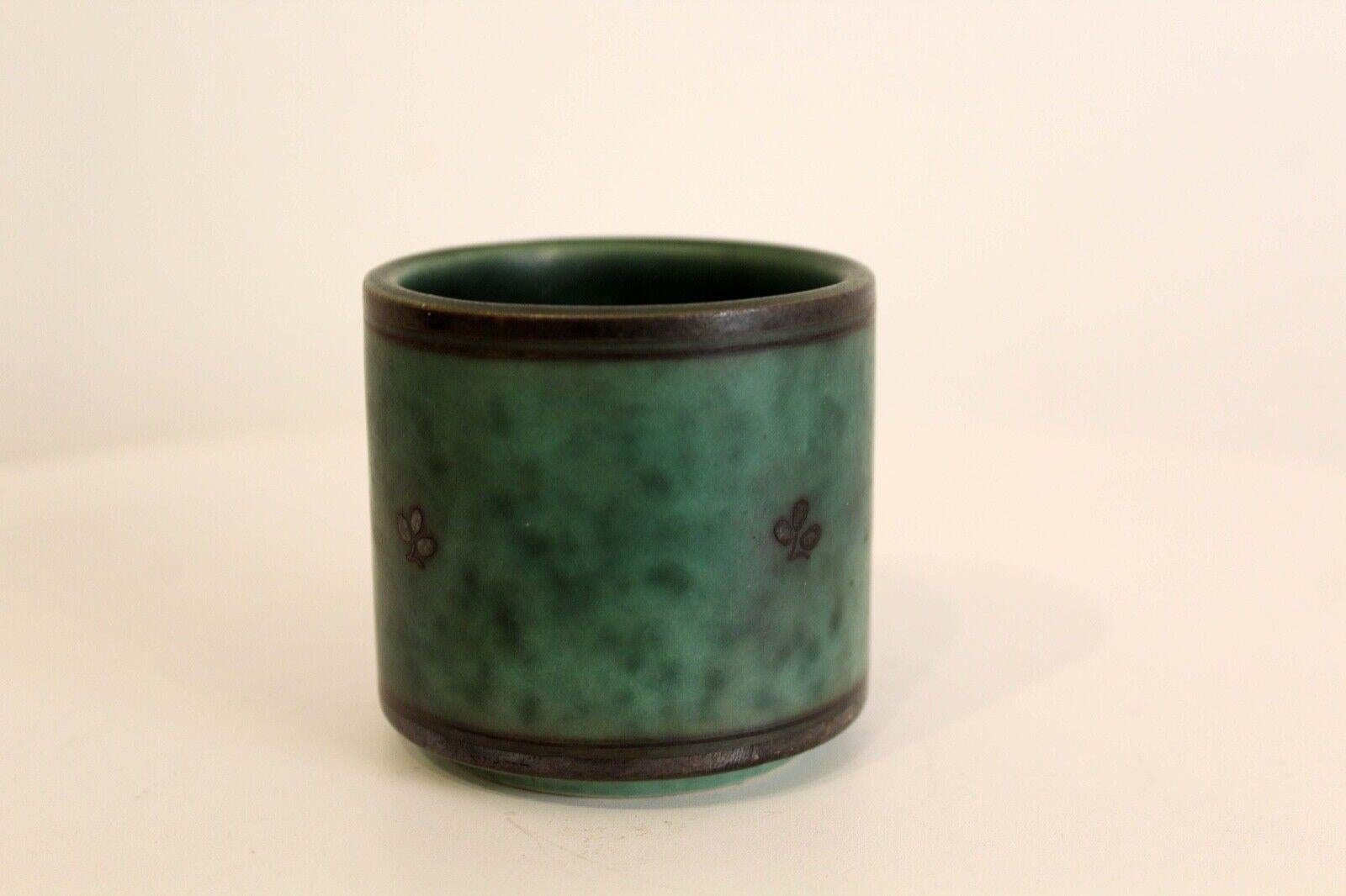 Wilhem Kage for Gustavsberg Art Deco Emerald Green Silver Inlay 6 Piece Pottery 5