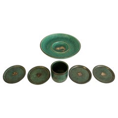 Wilhem Kage for Gustavsberg Art Deco Emerald Green Silver Inlay 6 Piece Pottery
