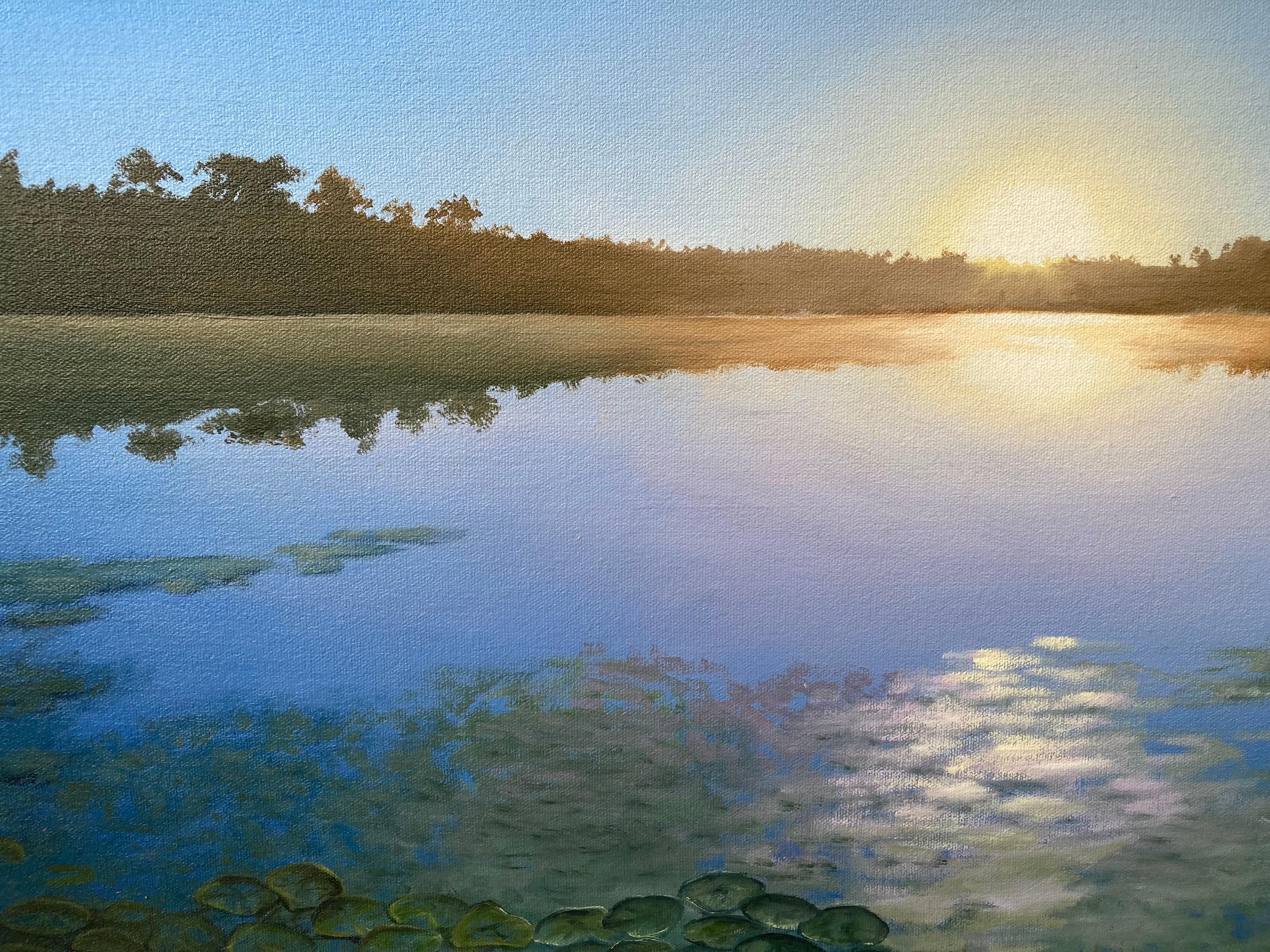 Amanecer en el lago Still - Painting de Wili Mamani