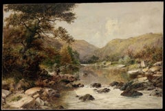 British Antique Oil Mountain River Landscape Anglers Fly Fishing Sunlit Valley