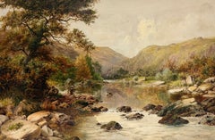 British Antique Oil Mountain River Landscape Anglers Fly Fishing Sunlit Valley