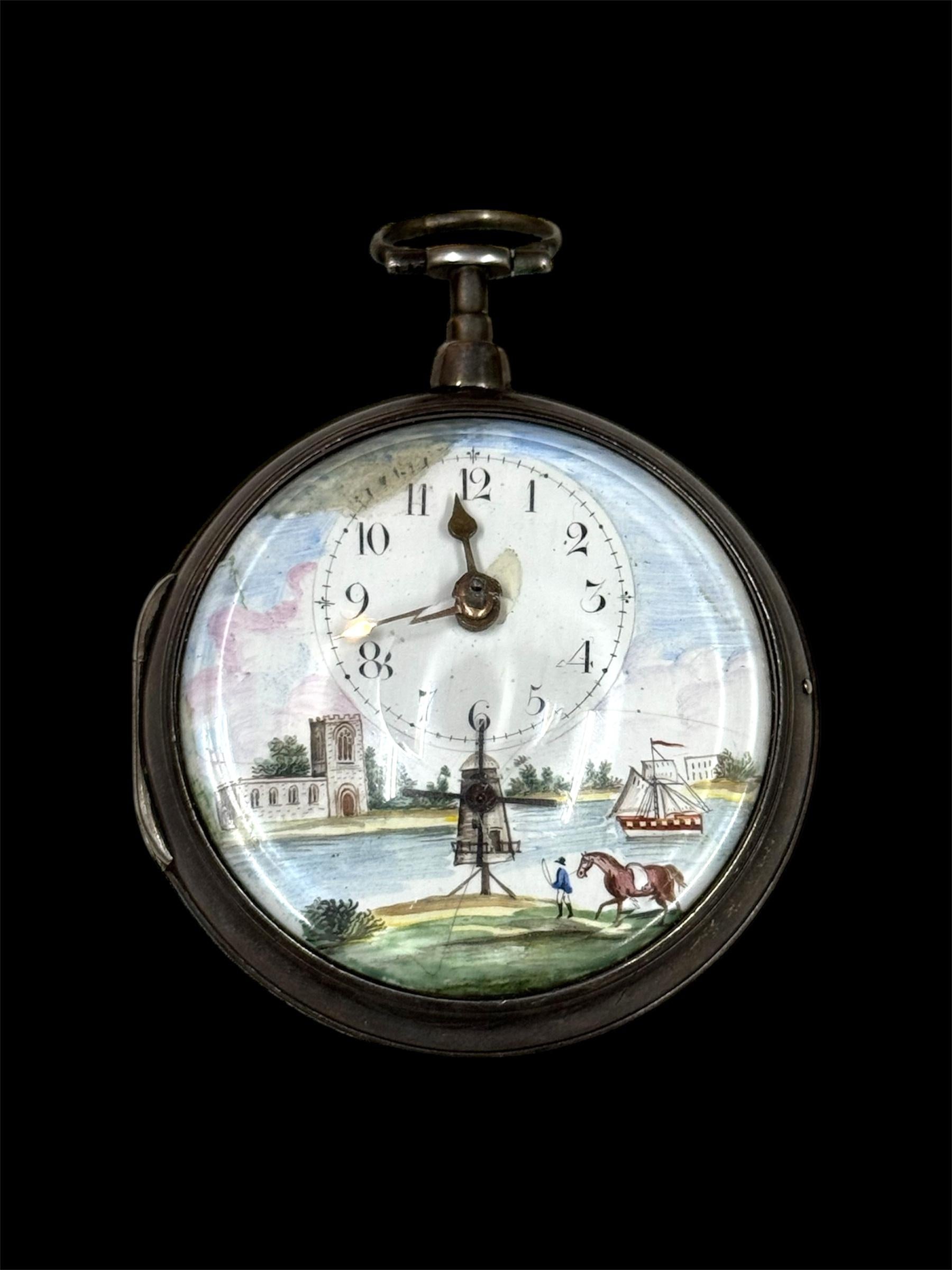 WILIAM HUGGIN verge pocket watch with polychrom painted enamel dial in silver, London Hallmark 1803, smooth sterling silver case, outer case with lateral hinge and Monogram-engraving, with river landscape painted enamel dial restored, excentric time