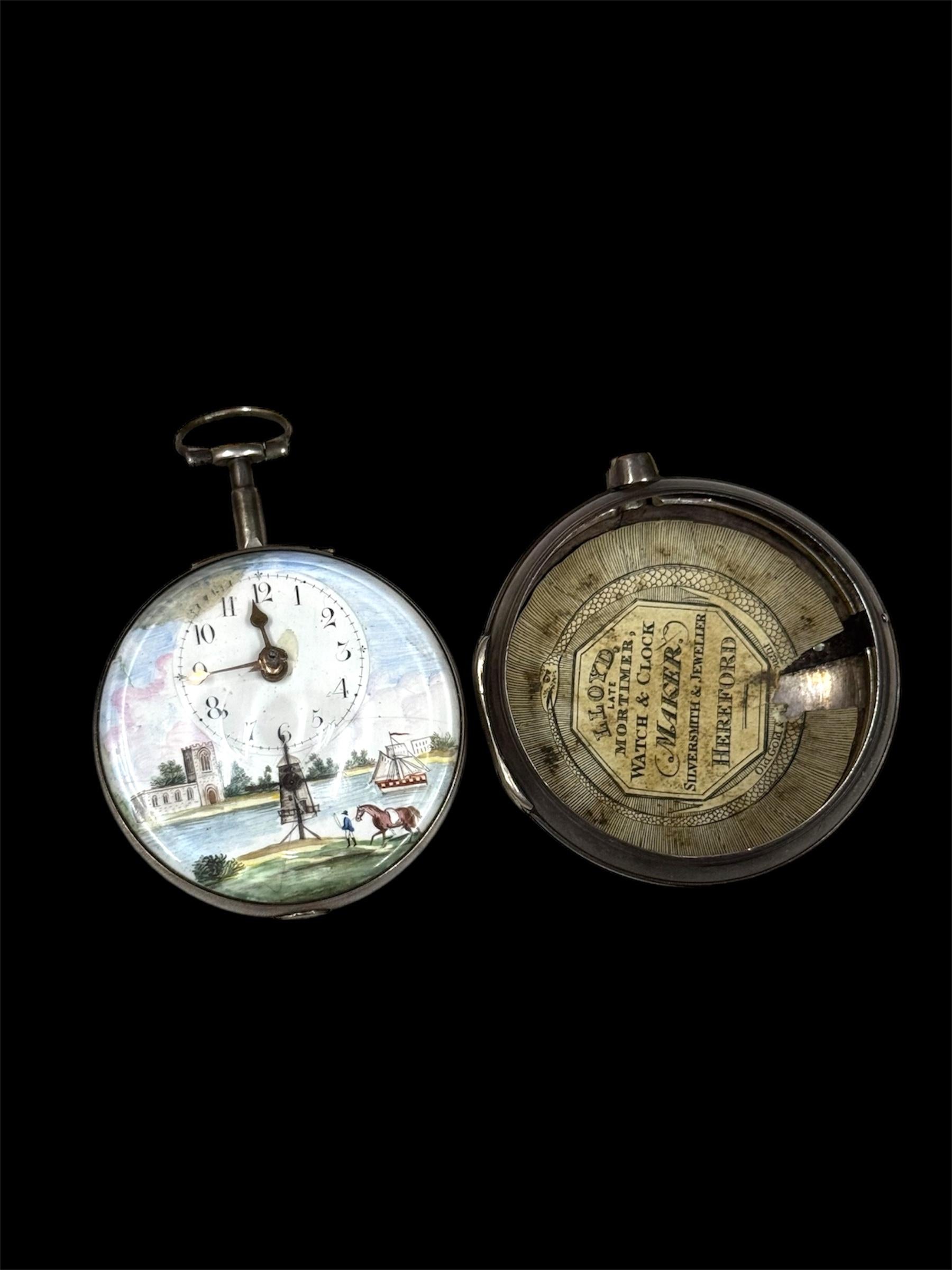 WILIAM HUGGIN verge pocket watch, polychrome painted enamel Dial in Silver 1803 For Sale 2