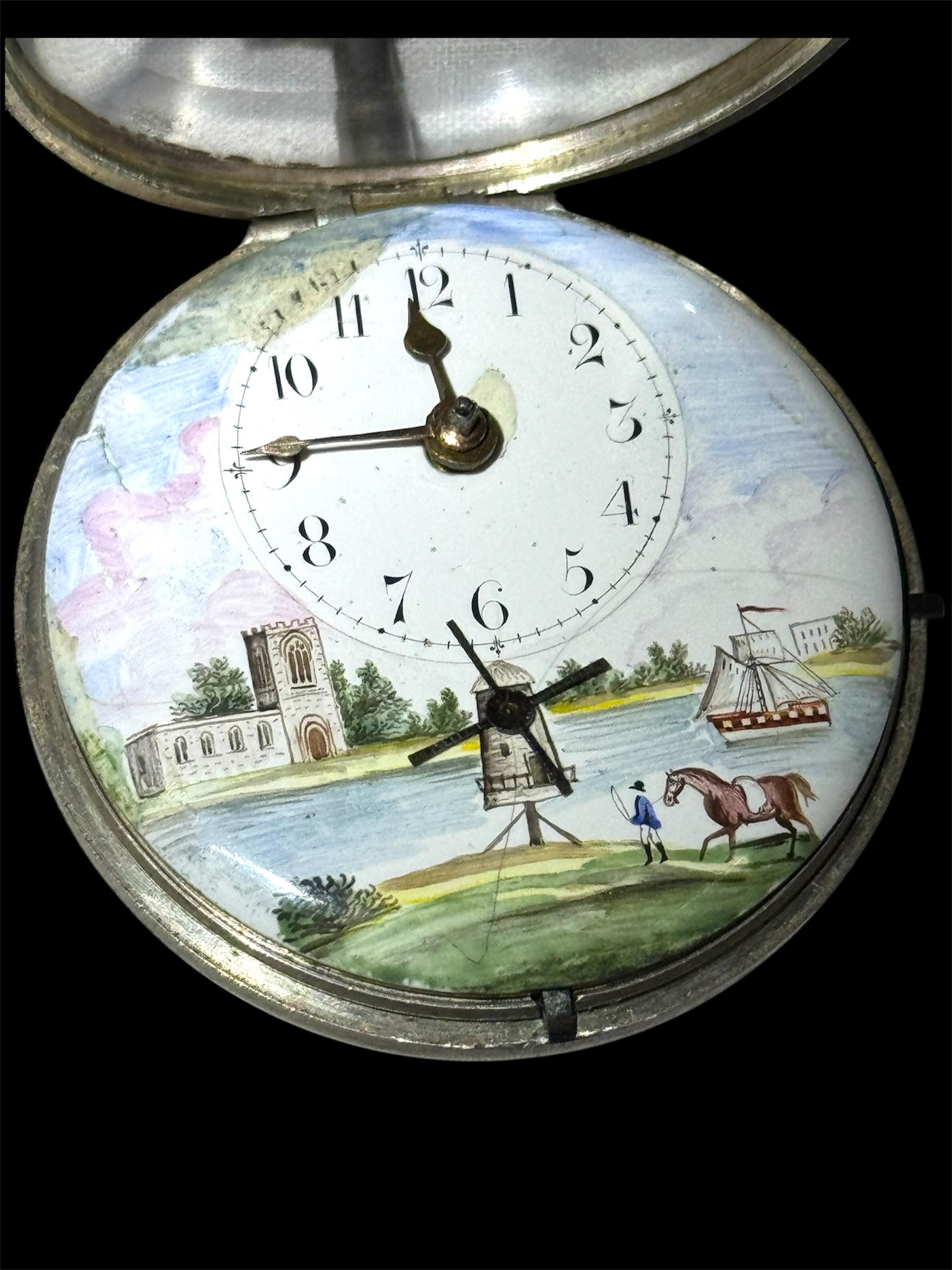 WILIAM HUGGIN verge pocket watch, polychrome painted enamel Dial in Silver 1803 For Sale 4
