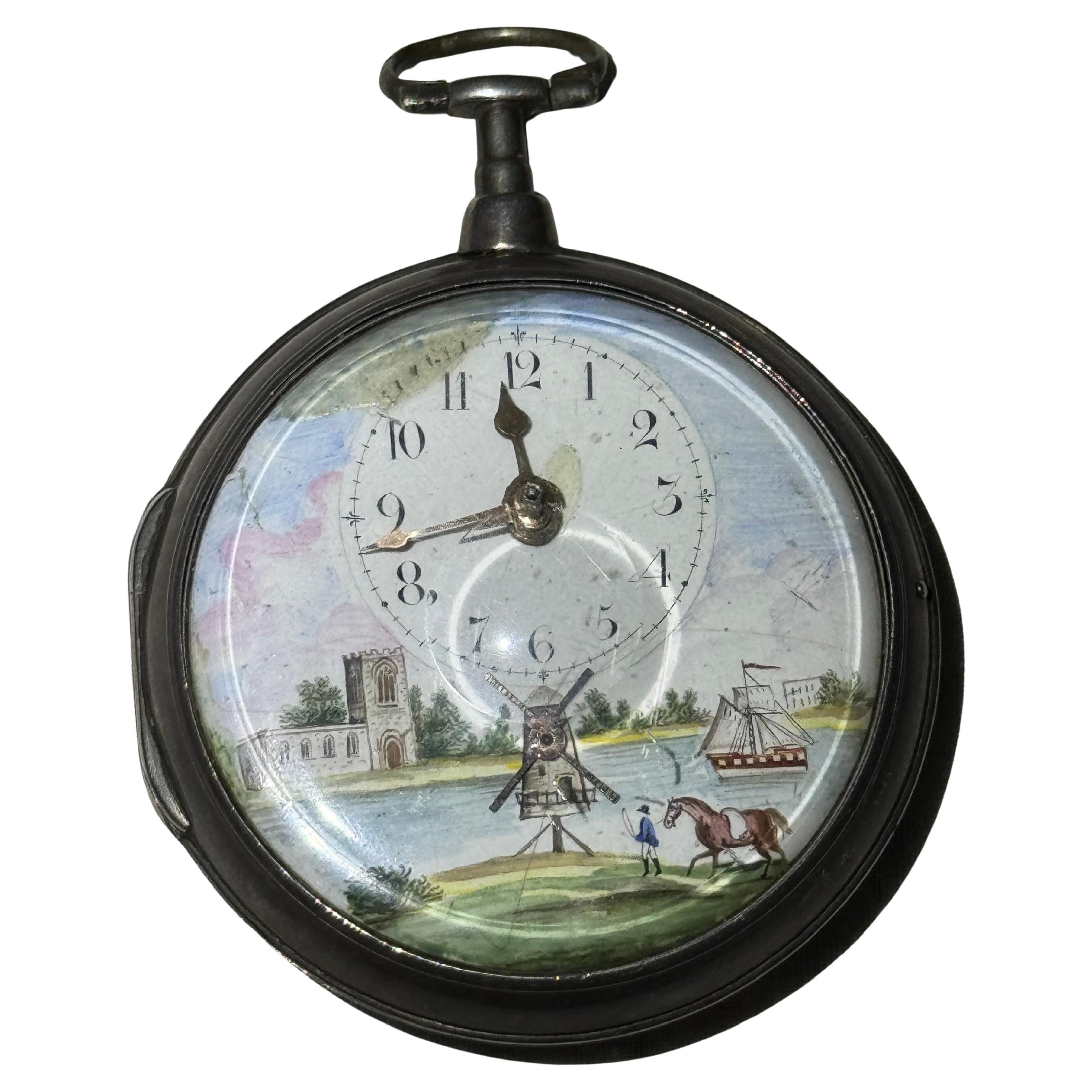 WILIAM HUGGIN verge pocket watch, polychrome painted enamel Dial in Silver 1803