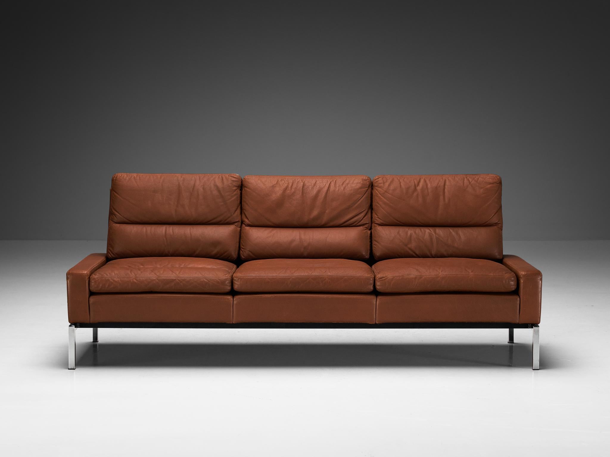 Mid-20th Century Wilkhahn German Sofa in Brown Leather with Metal Frame  For Sale