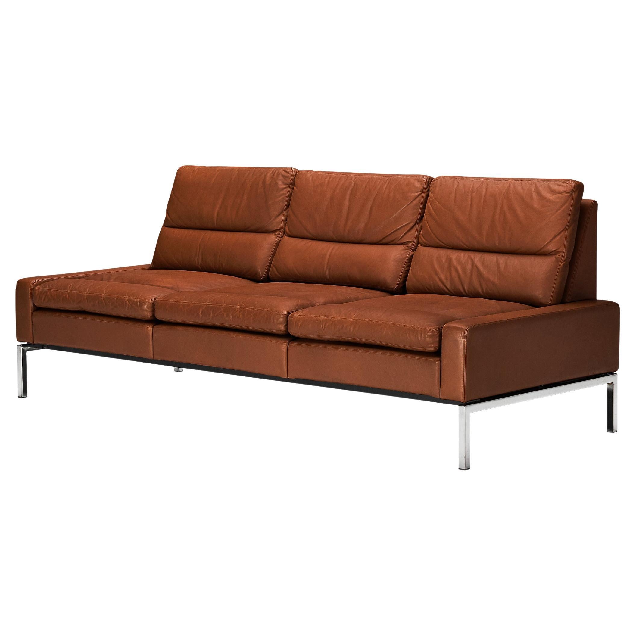 Wilkhahn German Sofa in Brown Leather with Metal Frame  For Sale