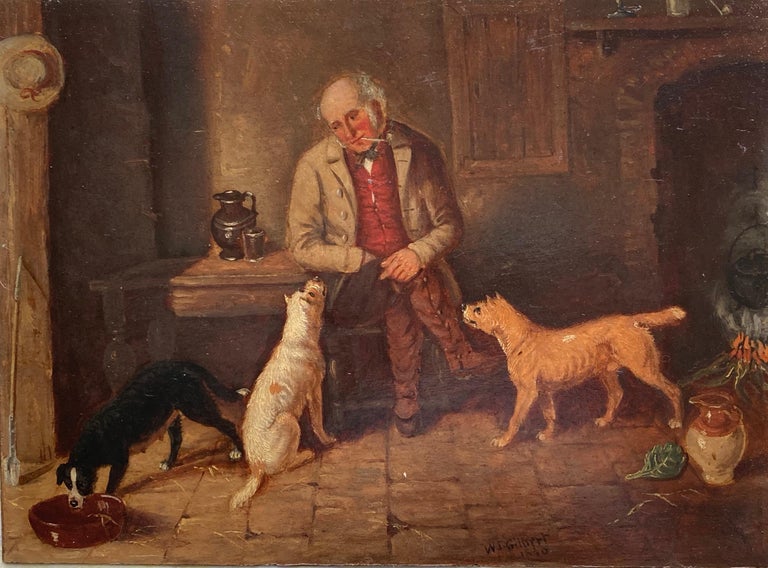 A pair of charmingly naive, mid 19th Century interior scenes with terriers by Wilkinson John Gilbert.  Presented in ornate, period gilt frame most likely the original to the picture. 

Wilkinson John Gilbert (1805-c 1870)
An old man with his dogs in