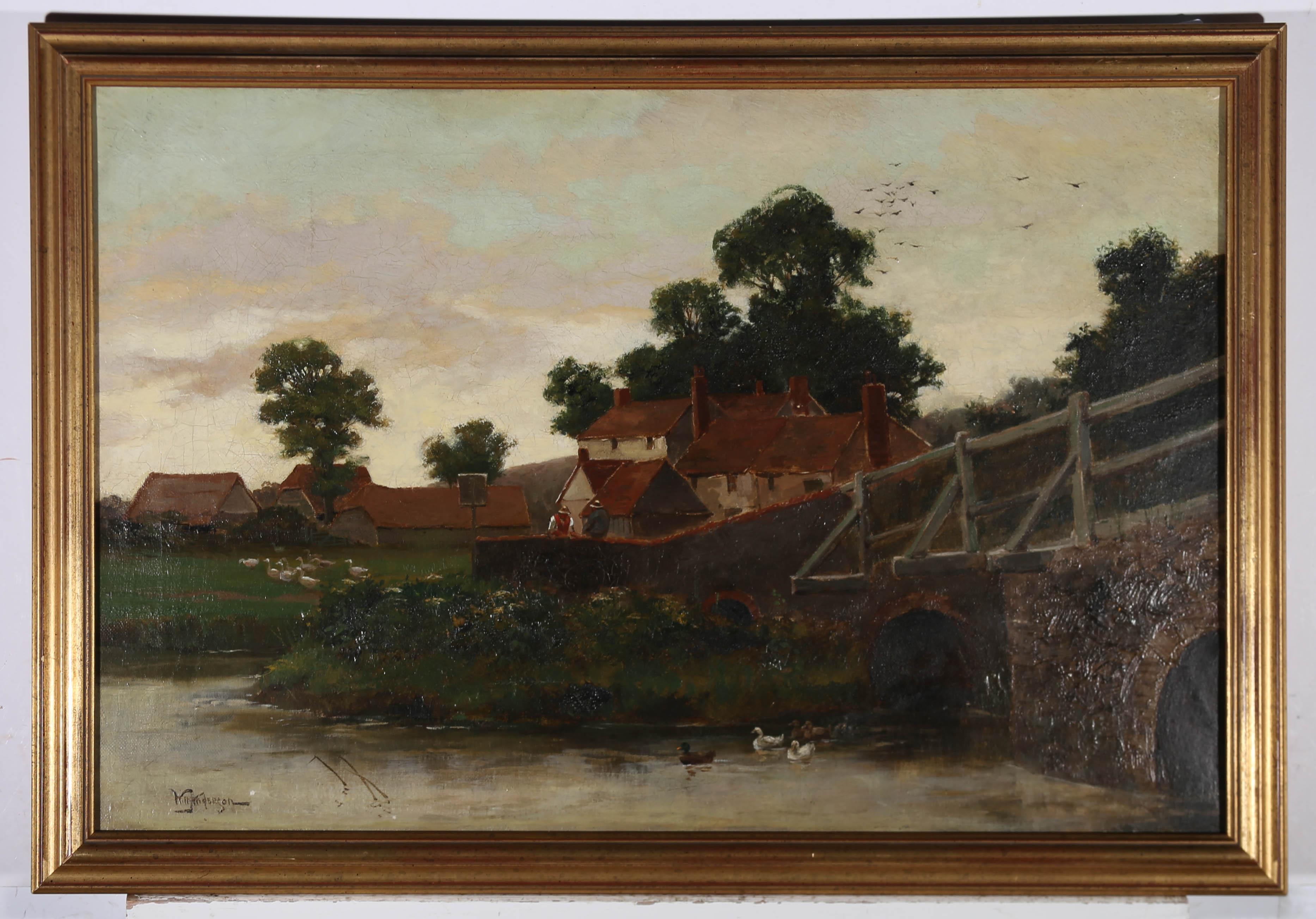 Will Anderson (1880-1895) - Olio incorniciato della fine del XIX secolo, scena di villaggio 2