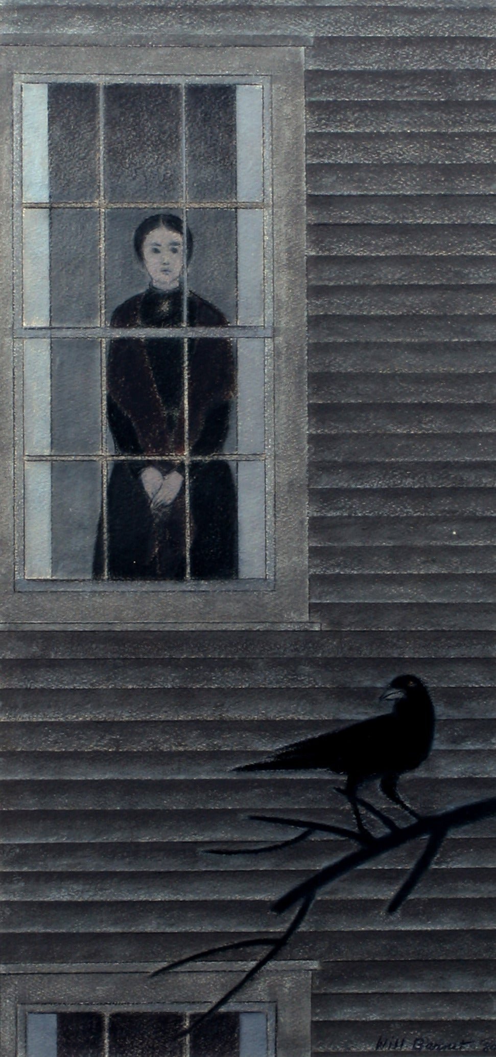 Importante peinture à l'huile moderniste Will Barnet Emily Dickinson Pastel noir et blanc