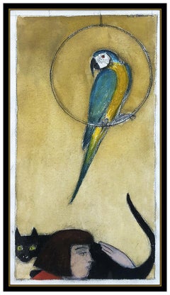 Will Barnet Watercolor Painting Original Signed Female Portrait Parrot Artwork
