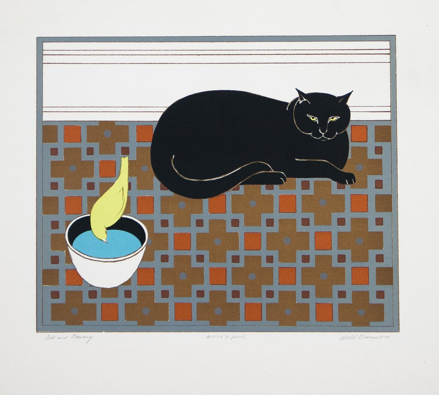    Gato y canario de Will Barnet muestra un gato negro de ojos amarillos descansando junto a un canario que bebe de un bebedero sobre un fondo geométrico marrón, naranja y gris de líneas limpias y sencillas.  "nos hace experimentar la interacción