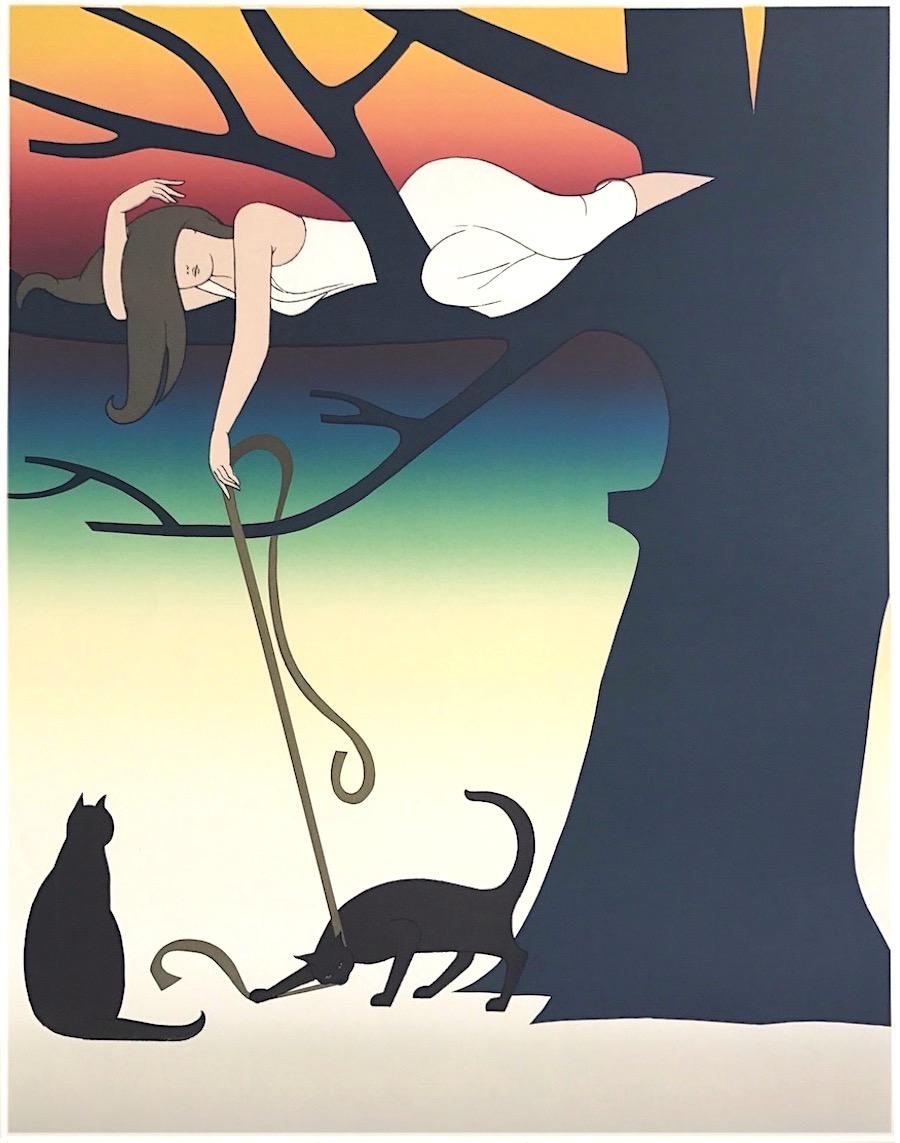 PLAY Signierte Lithographie, Junge Frau im Baum, die mit Katzen spielt, Regenbogen-Sonnenuntergang – Print von Will Barnet