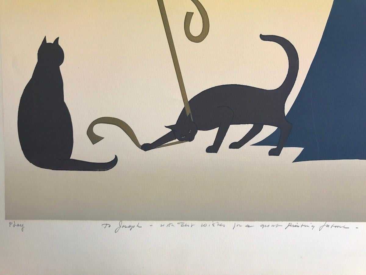 PLAY Litografia firmata, Giovane donna sull'albero che gioca con i gatti, tramonto arcobaleno - Portrait Print Nero di Will Barnet
