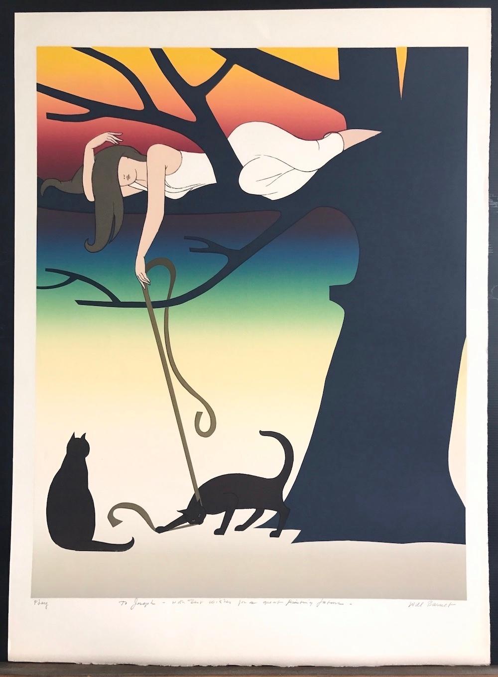 PLAY Litografia firmata, Giovane donna sull'albero che gioca con i gatti, tramonto arcobaleno in vendita 3