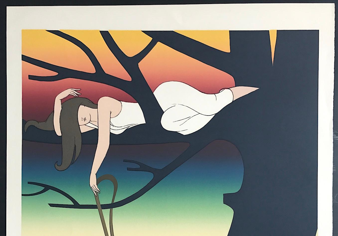 PLAY Litografia firmata, Giovane donna sull'albero che gioca con i gatti, tramonto arcobaleno in vendita 1