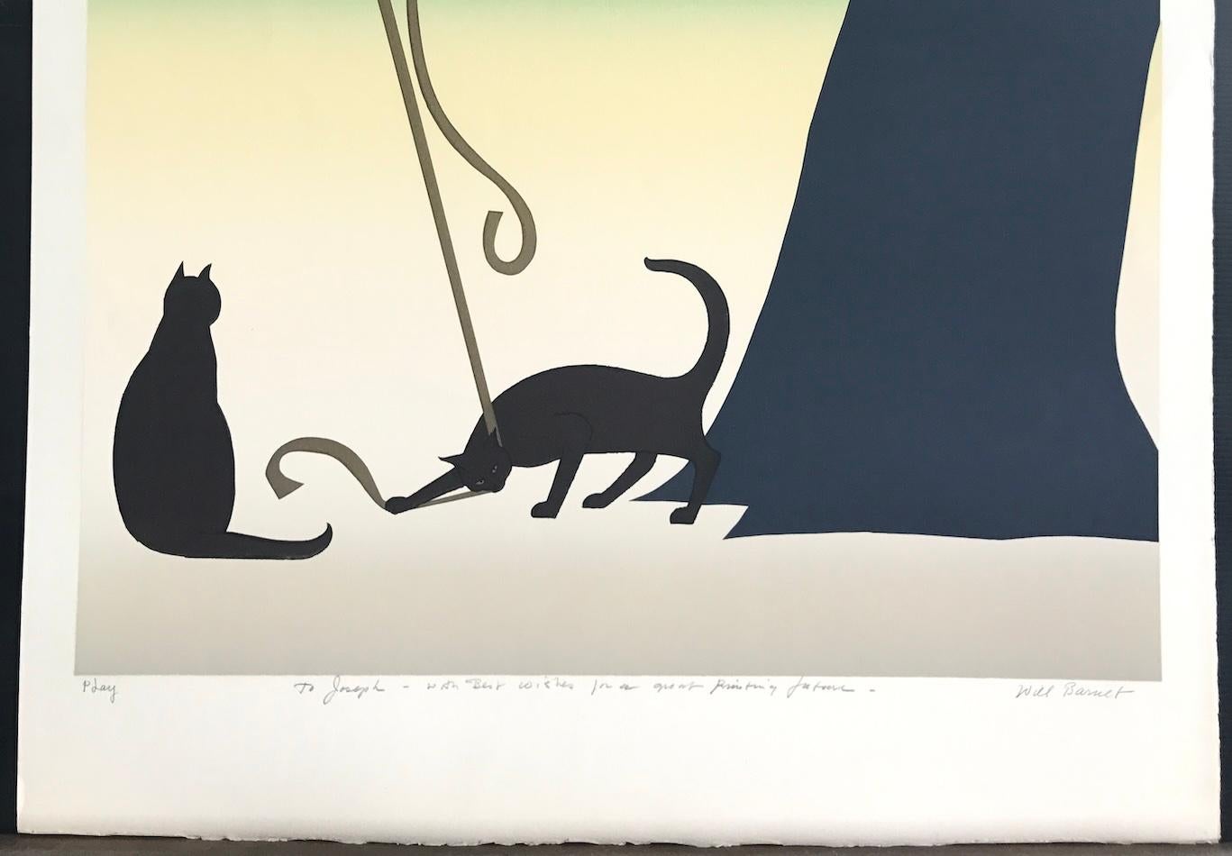 PLAY Litografia firmata, Giovane donna sull'albero che gioca con i gatti, tramonto arcobaleno in vendita 2
