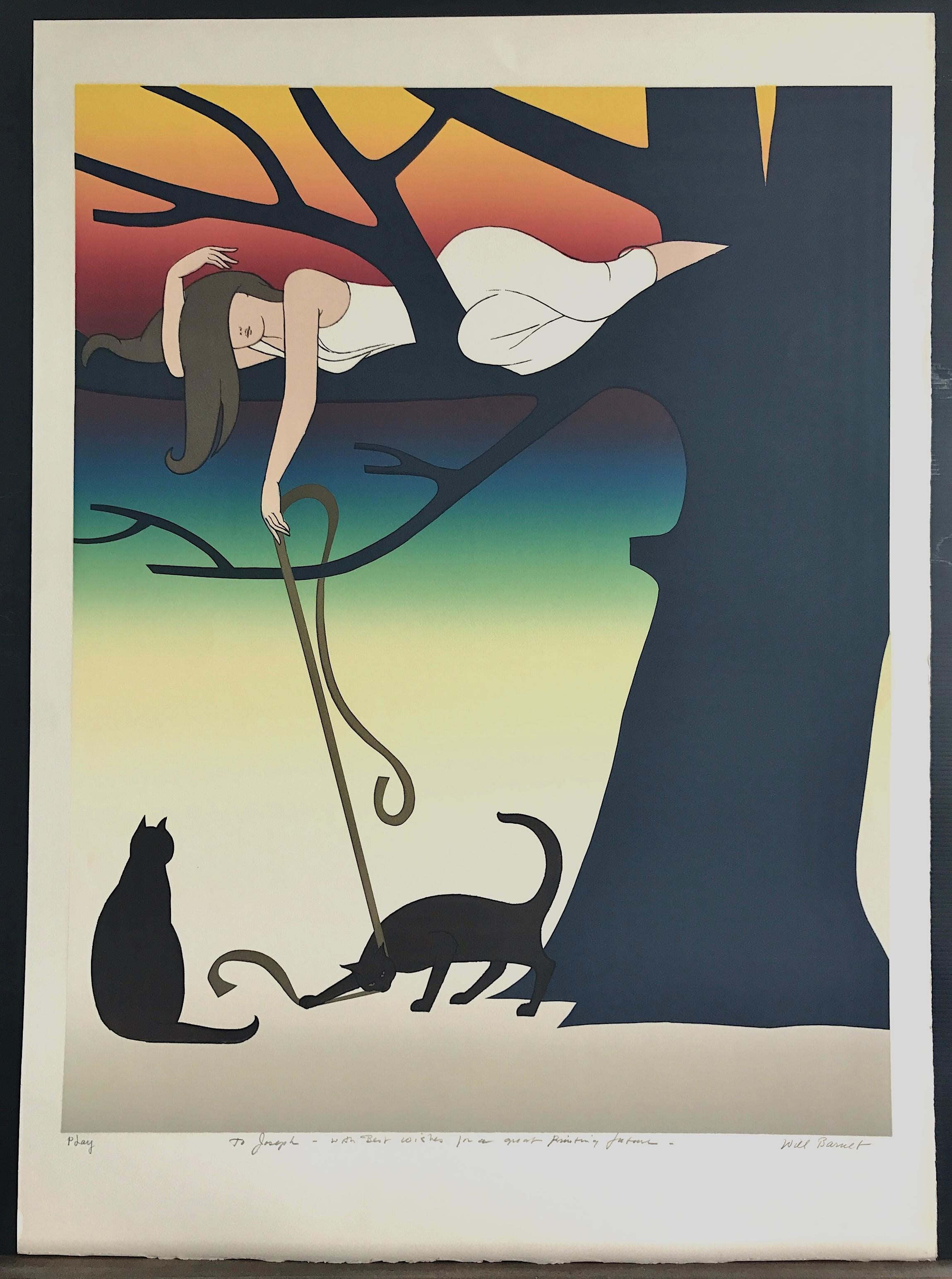 PLAY Lithographie signée, jeune femme dans un arbre jouant avec des chats, coucher de soleil arc-en-ciel en vente 4