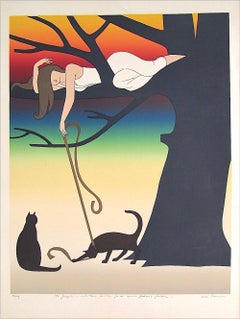 Vintage PLAY Signed Lithograph, Young Woman In Tree Playing with Cats, Rainbow Sunset