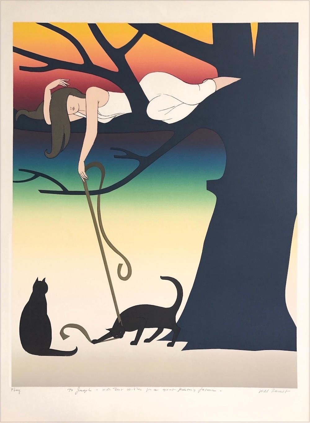 PLAY Lithographie signée, jeune femme dans un arbre jouant avec des chats, coucher de soleil arc-en-ciel
