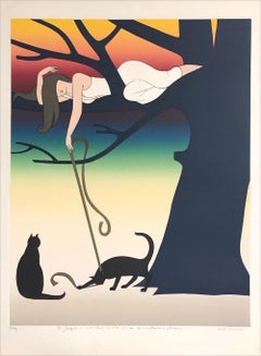 PLAY Signed Lithograph, Young Woman In Tree Playing with Cats, Rainbow Sunset