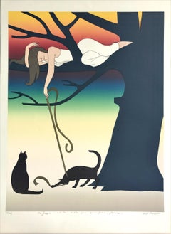 PLAY Signed Lithograph, Young Woman In Tree Playing with Cats, Rainbow Sunset
