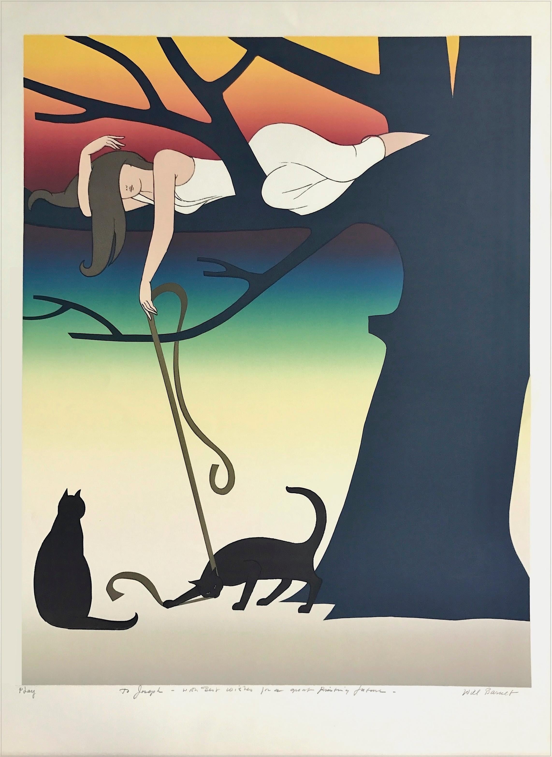PLAY Lithographie signée, jeune femme dans un arbre jouant avec des chats, coucher de soleil arc-en-ciel