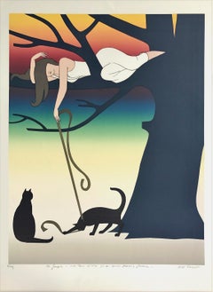 PLAY Lithographie signée, jeune femme dans un arbre jouant avec des chats, coucher de soleil arc-en-ciel