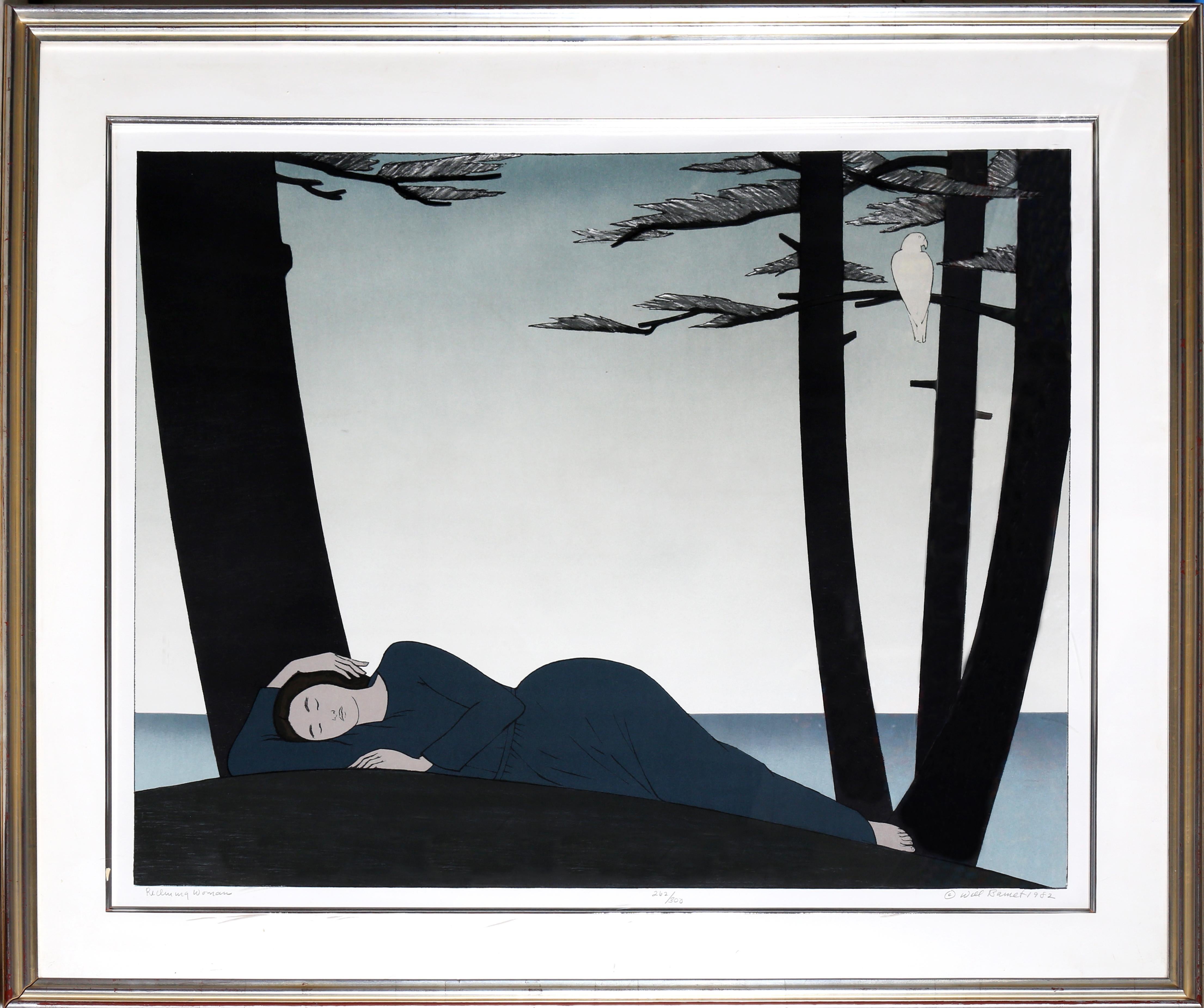 Artist: Will Barnet, American (1911 - 2012)
Title: Reclining Woman
Year: 1982
Medium: Lithograph on Arches, signed and numbered in pencil
Edition: 262/300
Image: 29.5 x 37.5 inches
Size: 29.75 x 38 in. (75.57 x 96.52 cm)
Frame Size: 40.5 x 48