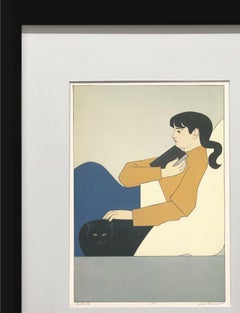 Seated Woman with Cat Offset Print, Framed, Circa 1976, Excellent