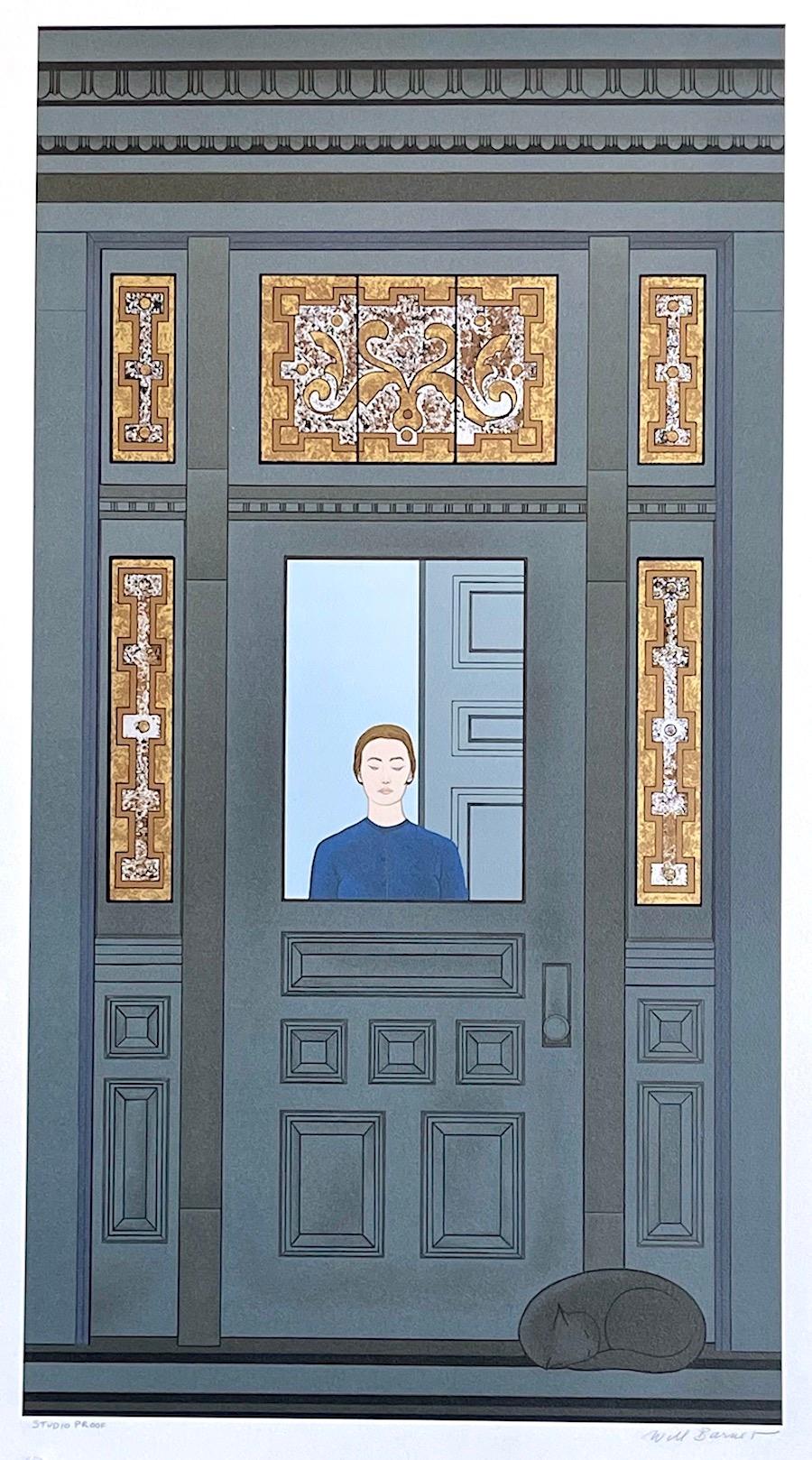 LA PUERTA Litografía firmada, Mujer, Gato dormido, Vitral victoriano - Print de Will Barnet