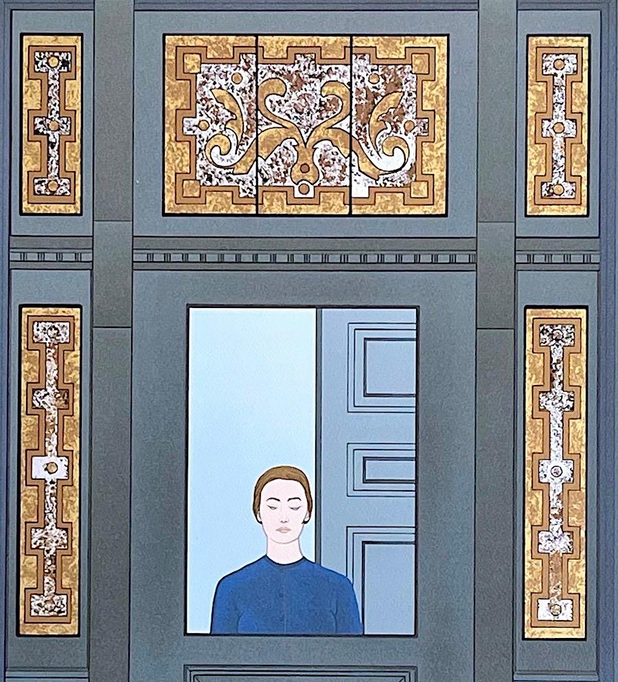 LA PUERTA Litografía firmada, Mujer, Gato dormido, Vitral victoriano - Print Contemporáneo de Will Barnet