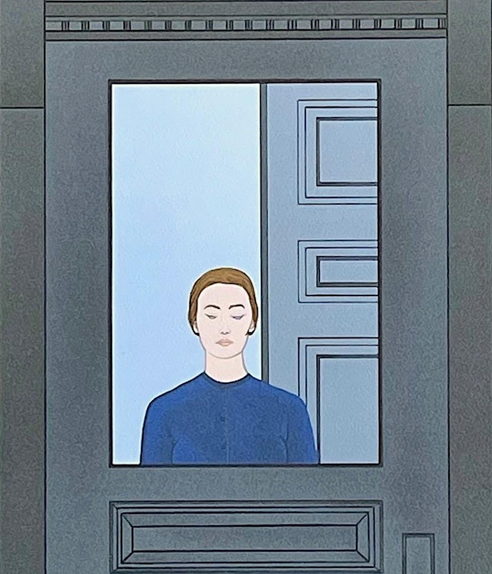 LA PUERTA Litografía firmada, Mujer, Gato dormido, Vitral victoriano - Portrait Print Gris de Will Barnet