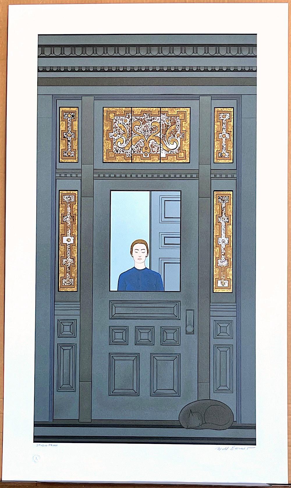 LA PUERTA Litografía firmada, Mujer, Gato dormido, Vitral victoriano en venta 2