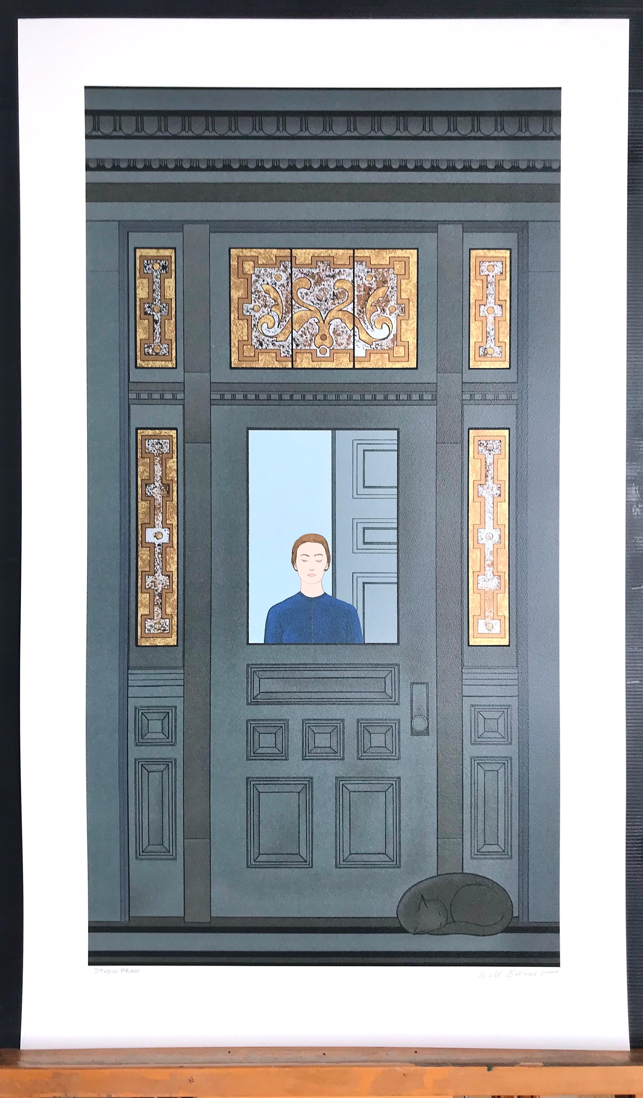THE DOORWAY Signed Lithograph, Woman, Sleeping Cat, Victorian Stained Glass For Sale 1
