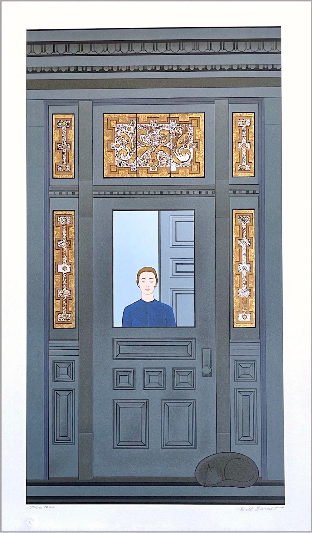 Portrait Print de Will Barnet - LA PUERTA Litografía firmada, Mujer, Gato dormido, Vitral victoriano