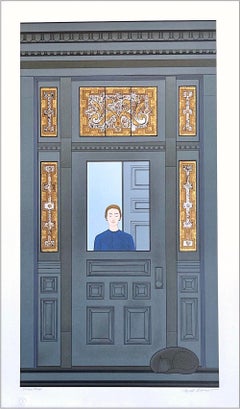 THE DOORWAY Signed Lithograph, Woman, Sleeping Cat, Victorian Stained Glass