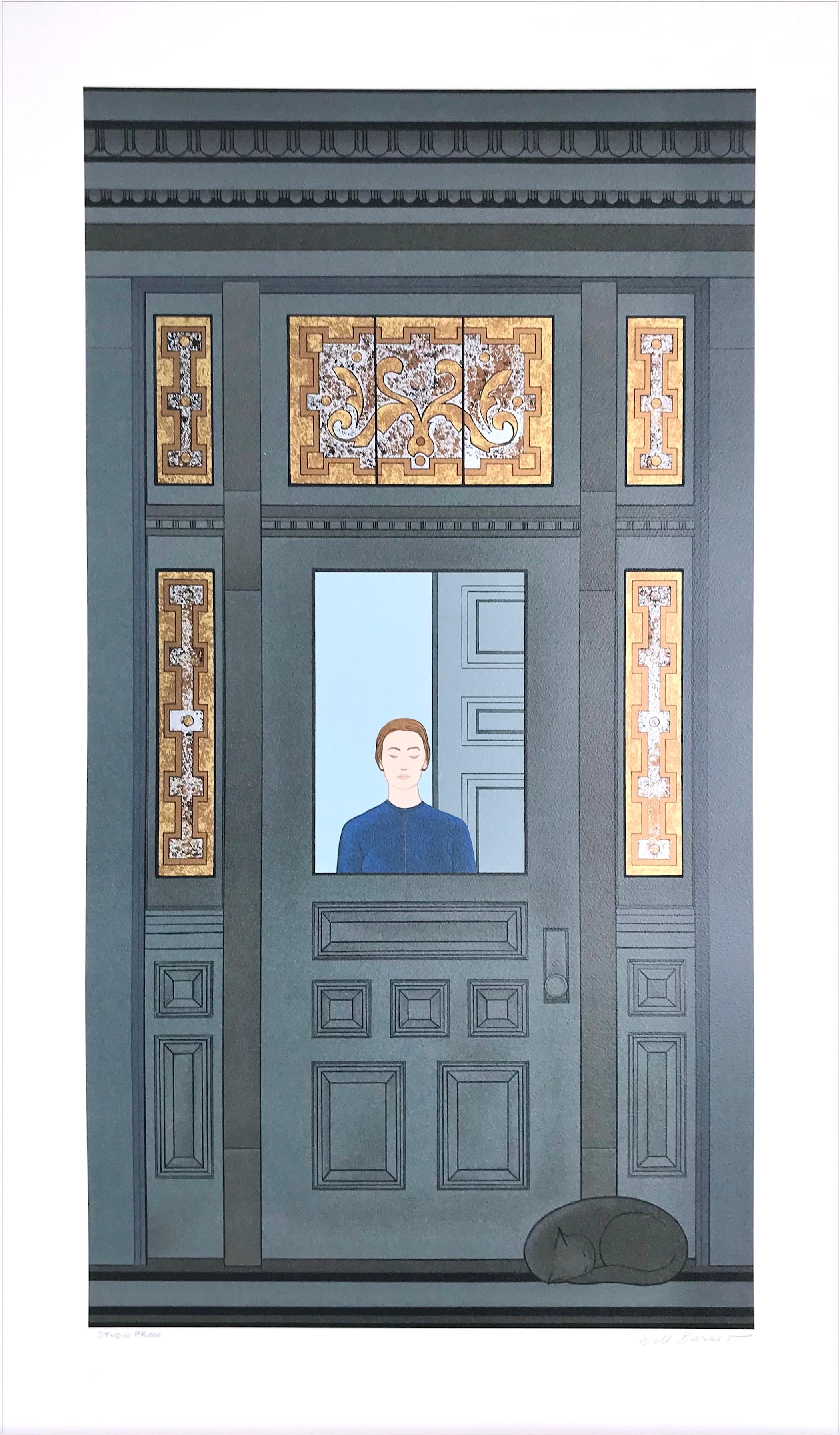 Will Barnet Portrait Print - THE DOORWAY Signed Lithograph, Woman, Sleeping Cat, Victorian Stained Glass