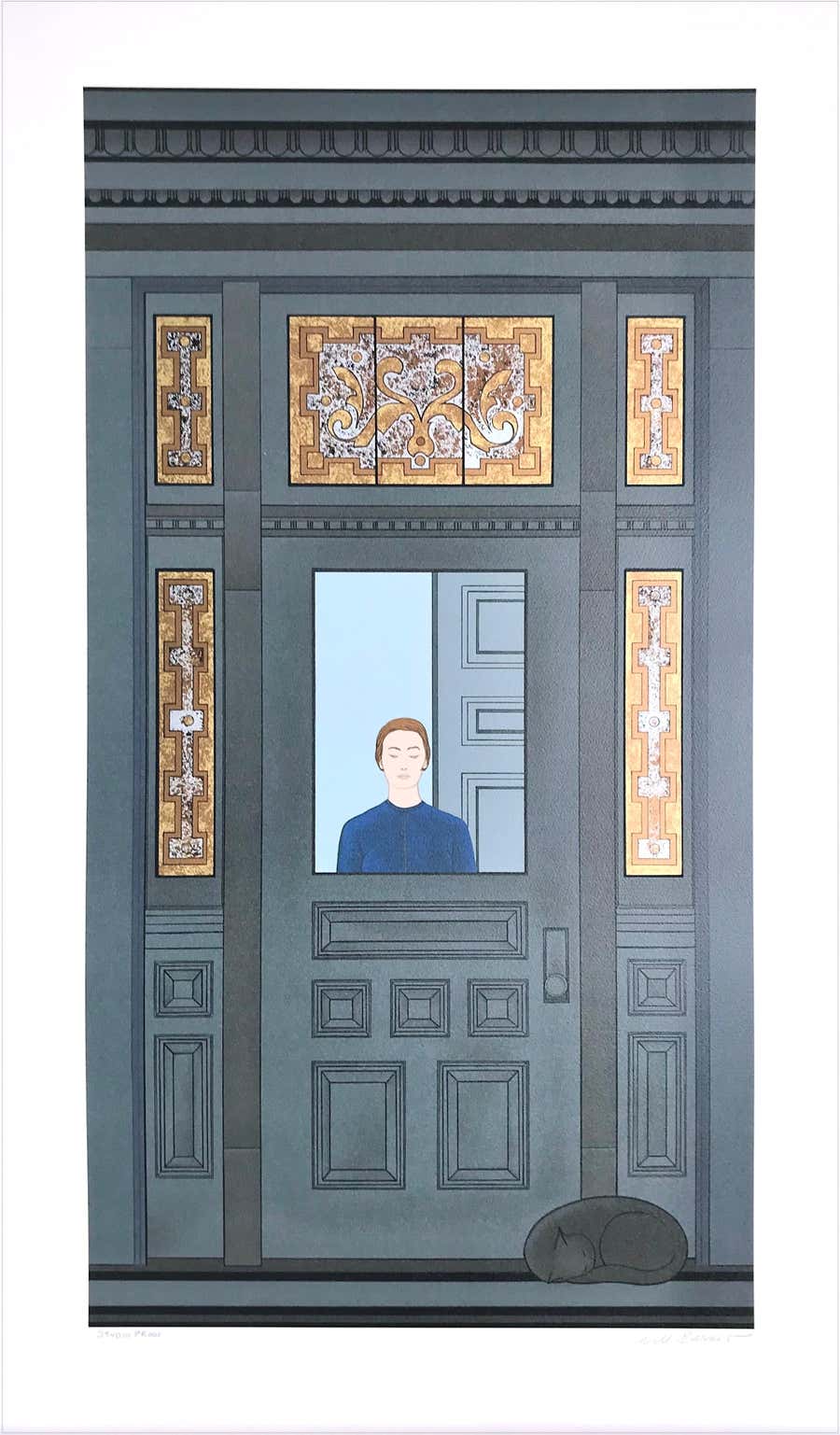 THE DOORWAY Signed Lithograph, Woman, Sleeping Cat, Victorian Stained Glass
